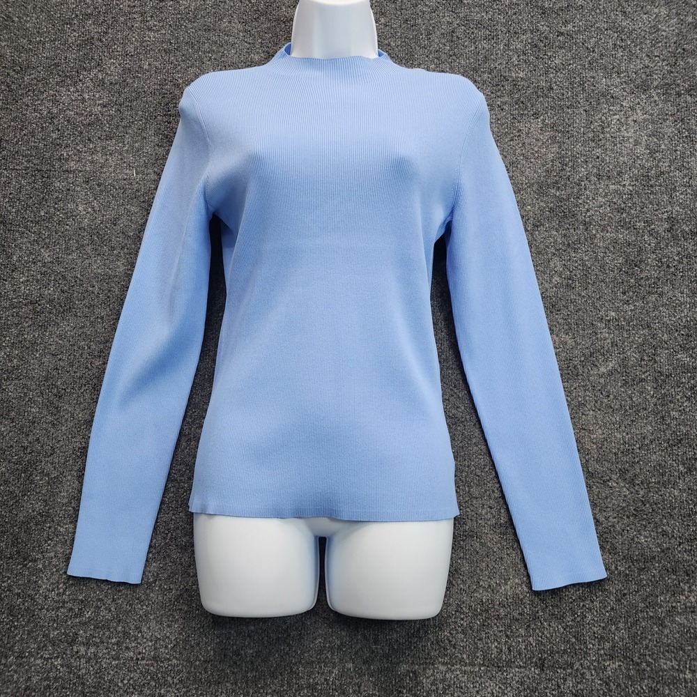 NWT Theory Leenda LS WV Womens Cornflower Blue Mock Neck Ribbed Knit Sweater L